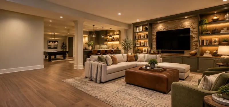 Finished basement with a cream sectional, a stone media wall with lit built-in shelves and a wet bar beyond