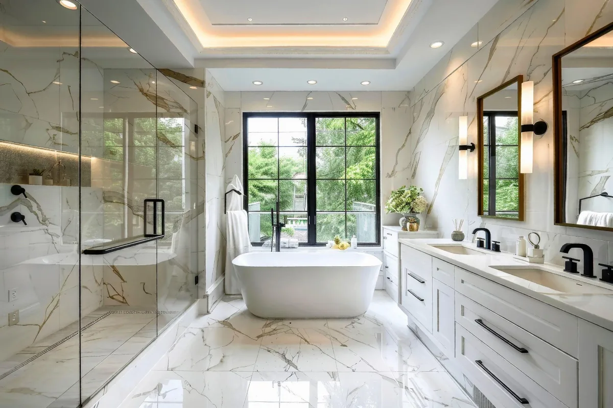 Open bathroom layout with a freestanding tub under a large window, a glass shower and a double vanity