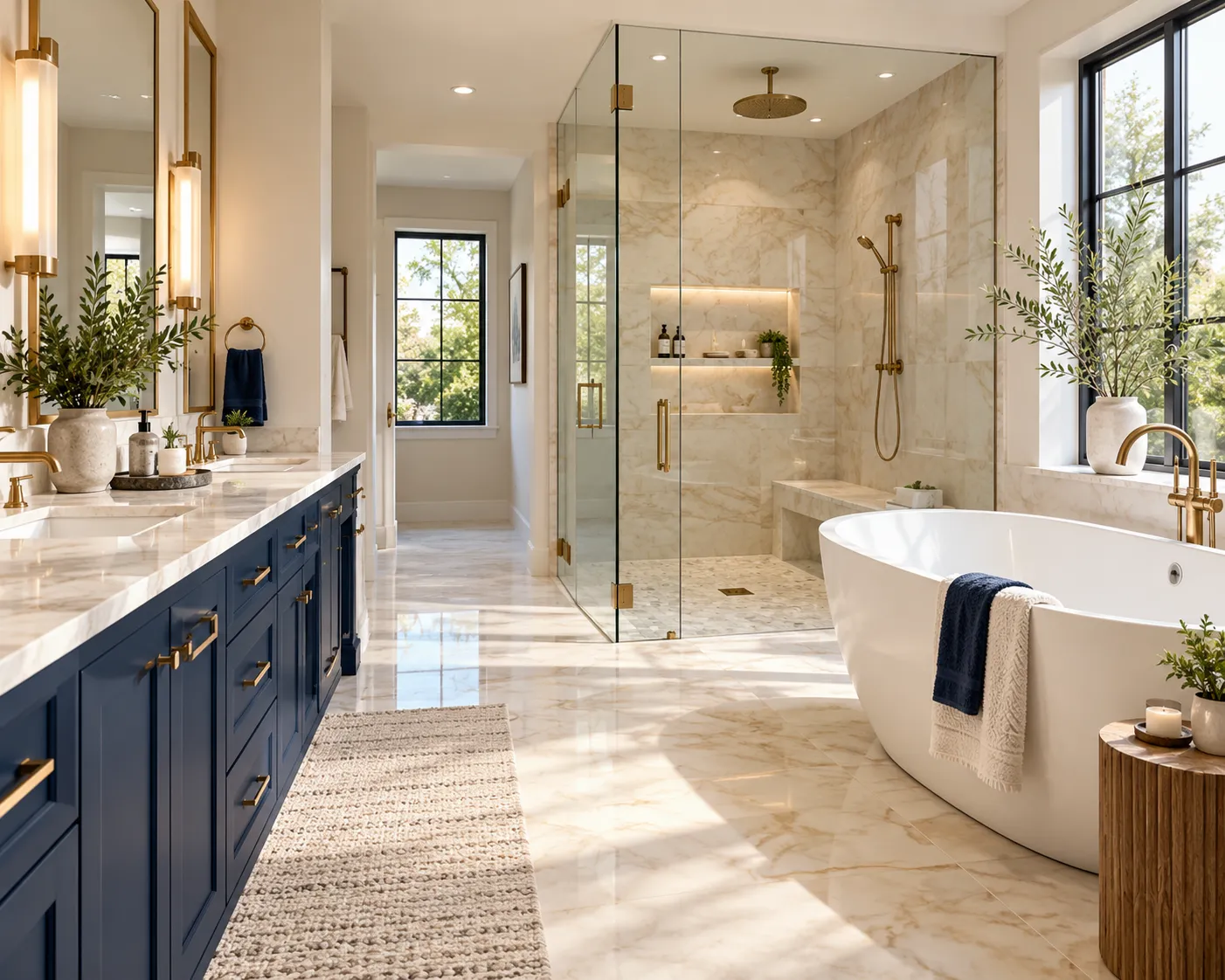 Sunlit bathroom with a navy double vanity and brass fixtures, a marble-tiled glass walk-in shower with a bench, and a freestanding tub by a window