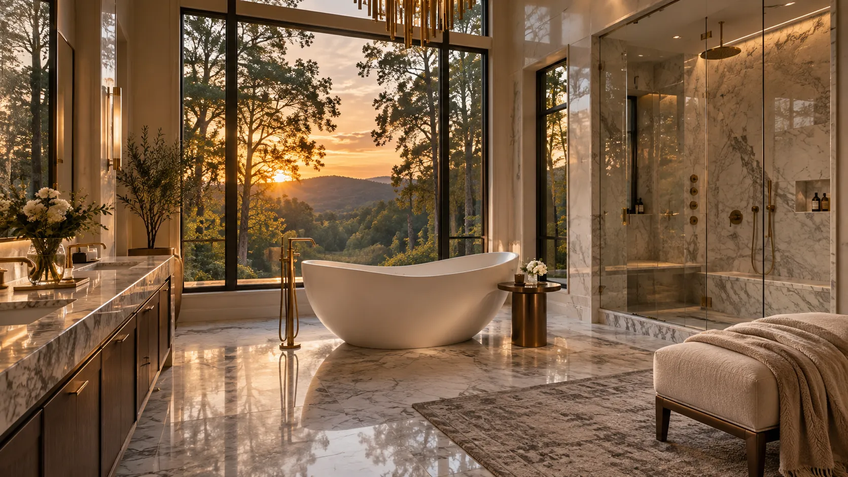 Marble bathroom at sunset with a freestanding tub and brass floor-mounted filler below tall windows, a double vanity, a frameless glass walk-in shower and an upholstered bench