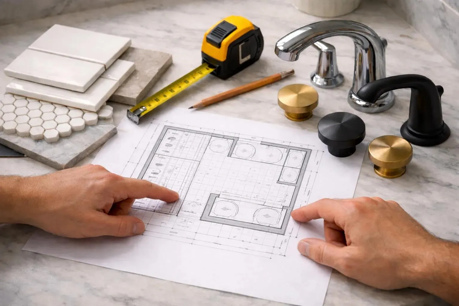 Bathroom floor plan with tile samples, a tape measure and faucet and knob finishes