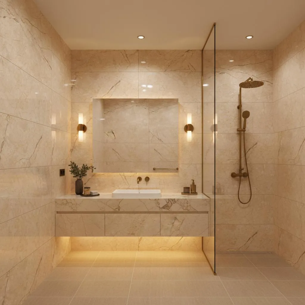 Marble-look tile bathroom with a floating vanity, wall sconces and brass shower fixtures