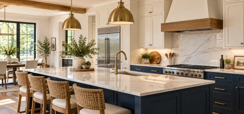 Kitchen with white upper cabinets, a navy island with a marble-look countertop and woven counter stools, brass dome pendants and a range under a wood-trimmed hood