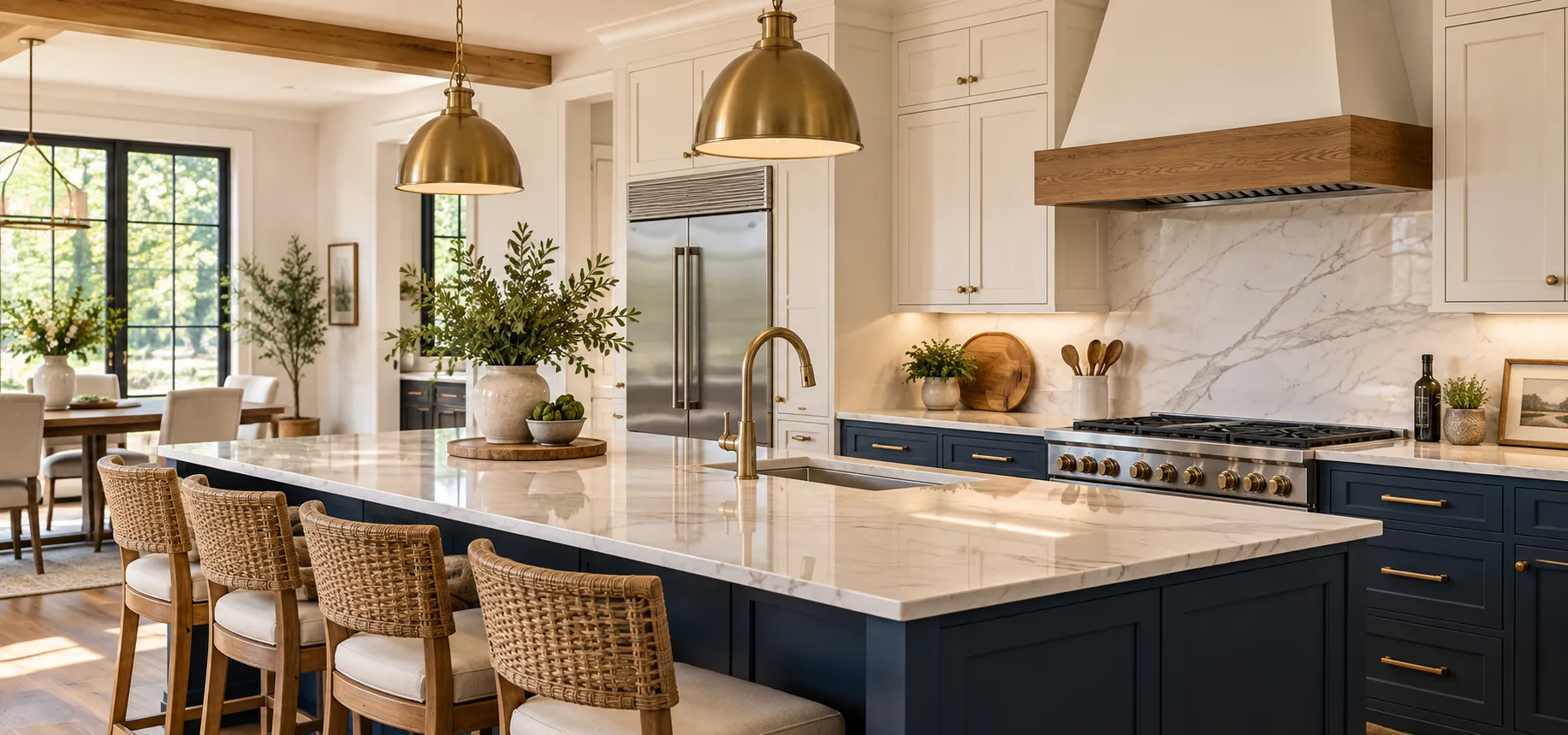 Kitchen with white upper cabinets, a navy island with a marble-look countertop and woven counter stools, brass dome pendants and a range under a wood-trimmed hood