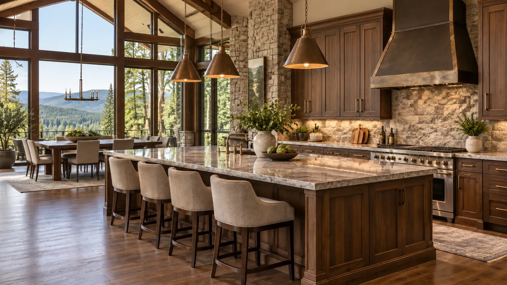 Open kitchen with dark wood cabinetry, a stone-clad wall and backsplash, a large granite-topped island with upholstered stools, copper pendant lights and a dining area by tall windows overlooking wooded hills